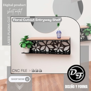 Floraler Ausschnitt Eingangsbereich Regal - Laser & Laser geschnittenes Wandregal DXF SVG PDF Datei | Blechwandhalter Digital Download