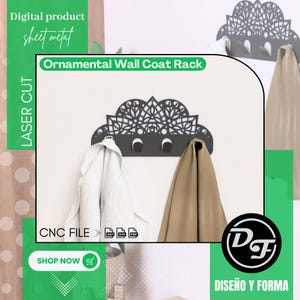 Puede incluir: Perchero de pared de metal negro con un diseño de mandala decorativo. El perchero tiene tres ganchos y está disponible en formatos DXF, SVG y PDF. "Ornamental Wall Coat Rack" y "LASER CUT" están escritos en texto verde en la imagen.