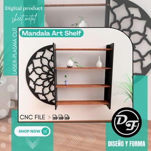 以下が含まれることがあります： 3段の黒と茶色のマンダラアートシェルフ。シェルフの左側にはレーザーカットのデザインがあります。画像には「Digital product sheet metal」、「Mandala Art Shelf」、「CNC FILE」の文字が含まれています。