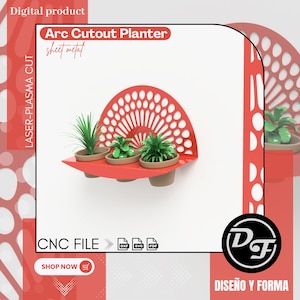 Op de afbeelding: Rode metalen boogplanter met een uitgesneden ontwerp. De planter heeft drie potten met planten. De tekst "Arc Cutout Planter" staat bovenaan de afbeelding. De tekst "CNC FILE" staat onderaan de afbeelding met pictogrammen voor DXF-, SVG- en PDF-bestanden.
