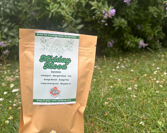 Midday Mood herbal tea in biodegradable tea pyramids