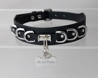 May include: Black leather dog collar with silver-tone metal accents and a bone-shaped tag that reads "Mr. Li's Puppy". The collar features a buckle closure and decorative D-rings.