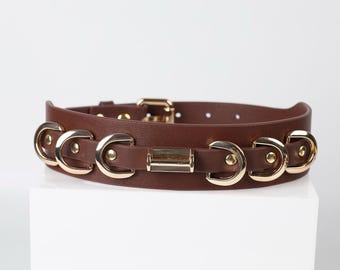May include: A brown leather collar with gold-colored metal accents. The collar features a series of gold-colored half-circle and rectangular embellishments. The collar is designed to be worn around the neck.