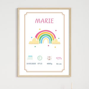 Póster de nacimiento arcoíris | Foto digital personalizada de bebé | Regalo para el nacimiento de una niña | Póster infantil en PDF para imprimir