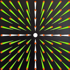 Könnte beinhalten: Plakat für die Fachmesse Laser 85 Opto-Elektronik in München, Deutschland, vom 1. bis 5. Juli 1985. Das Design zeigt einen schwarzen Hintergrund mit einem zentralen weißen Kreis, der grüne und orangefarbene Linien ausstrahlt, und weißen Text.