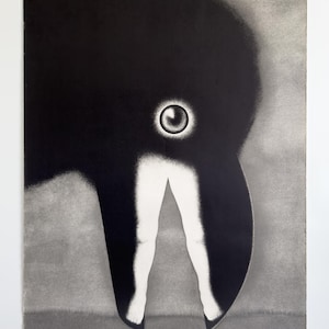 May include: A black and white poster for Jerzy Kosinski's "The Painted Bird". The poster features a large, stylized black bird shape with a single eye and white legs. The title and author's name are at the top.