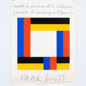 Könnte beinhalten: Ein Vintage-Poster mit einem geometrischen Design in Schwarz, Gelb, Rot und Blau. Das Poster zeigt den Text "Musée de peinture et de sculpture grenoble 13e decembre 69 -> 1er fevrier 70" und die Signatur "max bill".