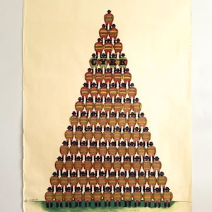 May include: A vintage poster featuring a pyramid of cartoon figures in red and yellow striped outfits and black hats. The word "OVER" is spelled out in green letters in the center of the pyramid. The poster is on a cream-colored background.