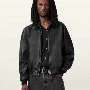Handmade Black Leather Bomber Jacket: Men&#39;s Genuine Leather Outerwear