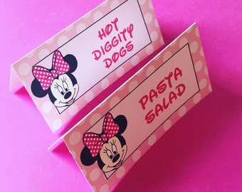 Minnie Mouse Food Labels, Minnie Mouse Place Cards, Minnie Mouse Food Tent Cards, Minnie Mouse Birthday Decorations, Minnie Mouse Food