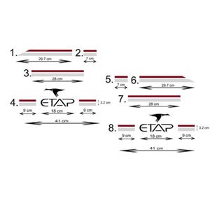 Può includere: Un set di otto strisce adesive e due loghi ETAP con un'immagine di un'oca. Gli adesivi presentano linee orizzontali bordeaux e grigie con misure indicate in centimetri, incluse lunghezze di 7 cm, 18 cm, 28 cm, 29,7 cm e 41 cm.