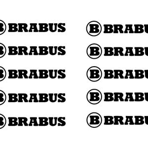 Op de afbeelding: Een vel met tien identieke zwarte stickers, elk voorzien van een cirkelvormig icoon met een hoofdletter B erin, gevolgd door de tekst BRABUS in een vet schreeflettertype. Het ontwerp is gerangschikt in twee kolommen van vijf stickers op een witte achtergrond.