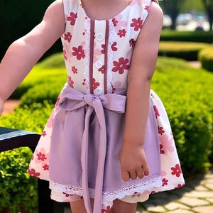 以下が含まれることがあります： 赤と白の花柄のノースリーブドレス。ラベンダー色のエプロンとリボンが付いています。ドレスは白いレースのトリムとフロントボタンが付いています。「himedesigns」と「IMME」の文字が見えます。