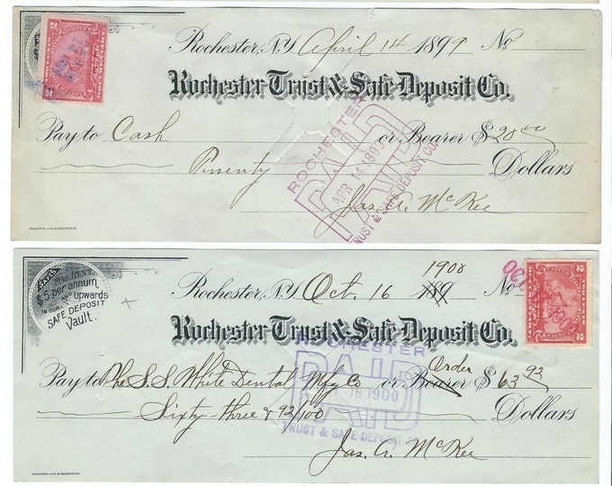 3 Antique Canceled Bank Checks from Rochester Trust & Safe Deposit Co., 1899-1900; with 2 Cent Early Stamp