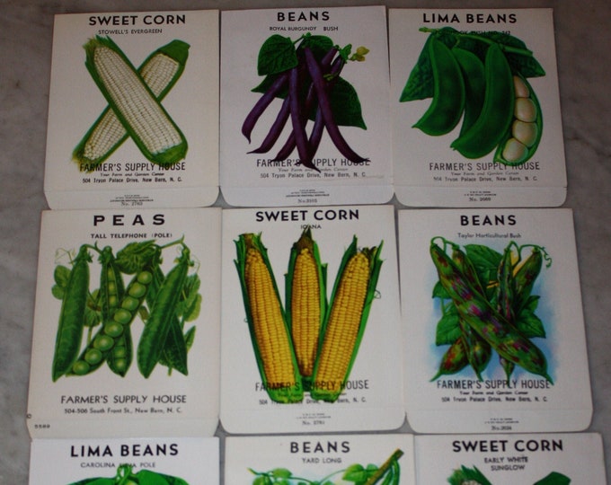 Collection of 9 Vintage Unused Vegetable Seed Packs; Farmer's Supply House, New Bern, NC; Old Stock! Never Used!