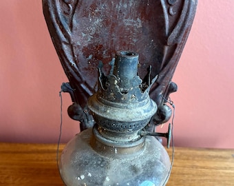 Antique Primitive Oil Kerosene Lamp with Folksy Tin Metal Sconce, as found!