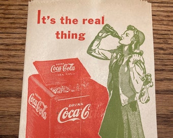 Vintage Coca Cola Dry Server, Bottle Drip Protector Sleeve featuring Large Red Coke Cooler, Woman Drinking Coke