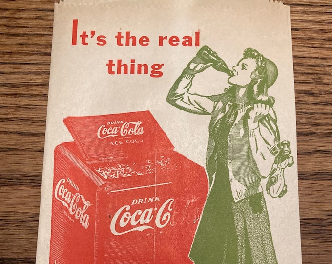 Vintage Coca Cola Dry Server, Bottle Drip Protector Sleeve featuring Large Red Coke Cooler, Woman Drinking Coke