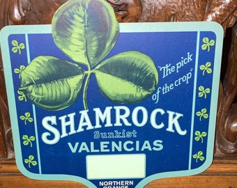 1930s-40s Vintage Die-Cut Shamrock SUNKIST Valencias Oranges Grocery Produce Sign; Old Stock, Warehouse Find