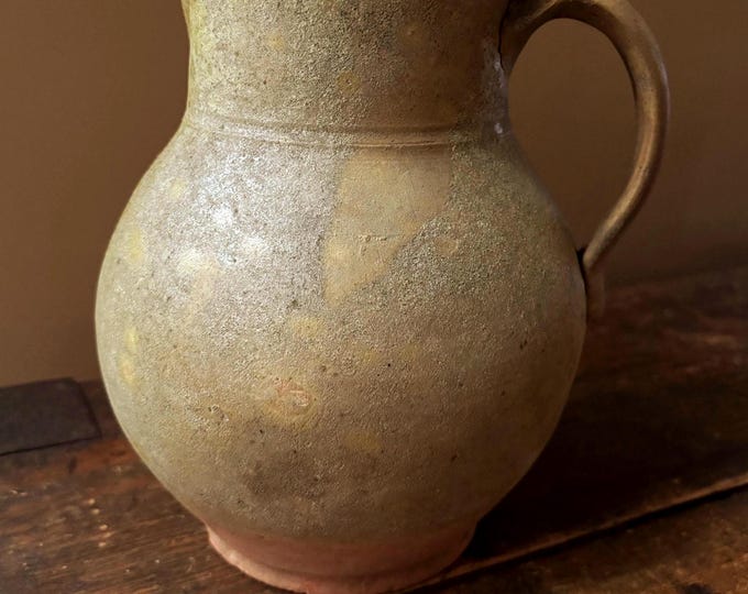 Antique Country Primitive Redware Pottery Pitcher; Speckled,  Green & Mustard