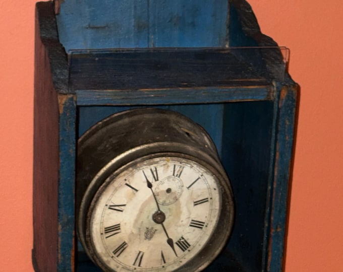 Charming Antique Primitive Wooden Clock Box in Old Blue Paint. As Found!