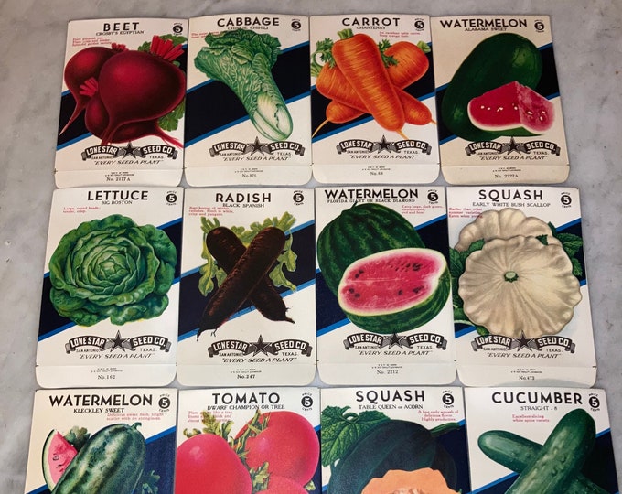 Set of 12 Lone Star Seed Packets! Fruit & Vegetable Early 5 Cent NOS Packs