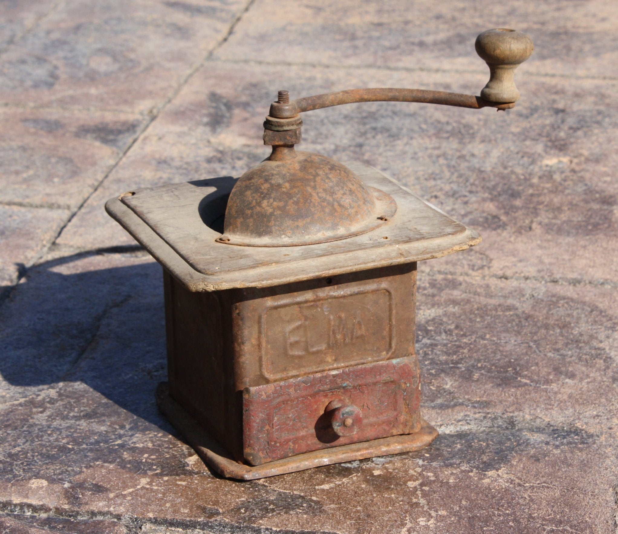 Antique Primitive Wood & Tin Coffee Grinder; Vintage Metal ELMA Coffee Mill in Old Paint