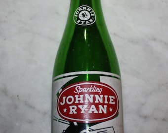 Vintage Johnnie Ryan Soda Pop Bottle; Green Glass, Painted Label