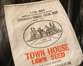 NOS Vintage Cotton Grass Seed Sack; Town House Lawn Seed Linen Bag; Crosman Seed Co., East Rochester, NY