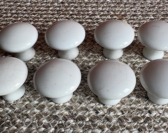 Vintage White Porcelain Drawer Knobs, Cabinet Pulls 1 3/8" Diameter Mushroom Shape