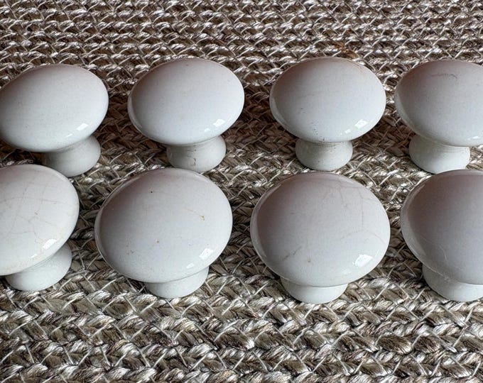 Vintage White Porcelain Drawer Knobs, Cabinet Pulls 1 3/8" Diameter Mushroom Shape
