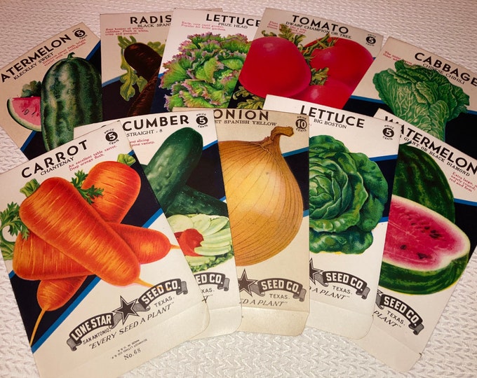 10 Diff. Vintage Unused Old Stock 5, 10 CENT Fruit & Vegetable Seed Packs; Lone Star Seed Co, San Antonio, Texas Warehouse Find! NOS Packets