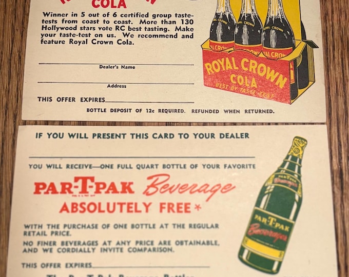 Vintage 1940s Royal Crown Cola Postcard Coupons: Old Stock Advertising, Warehouse Find!