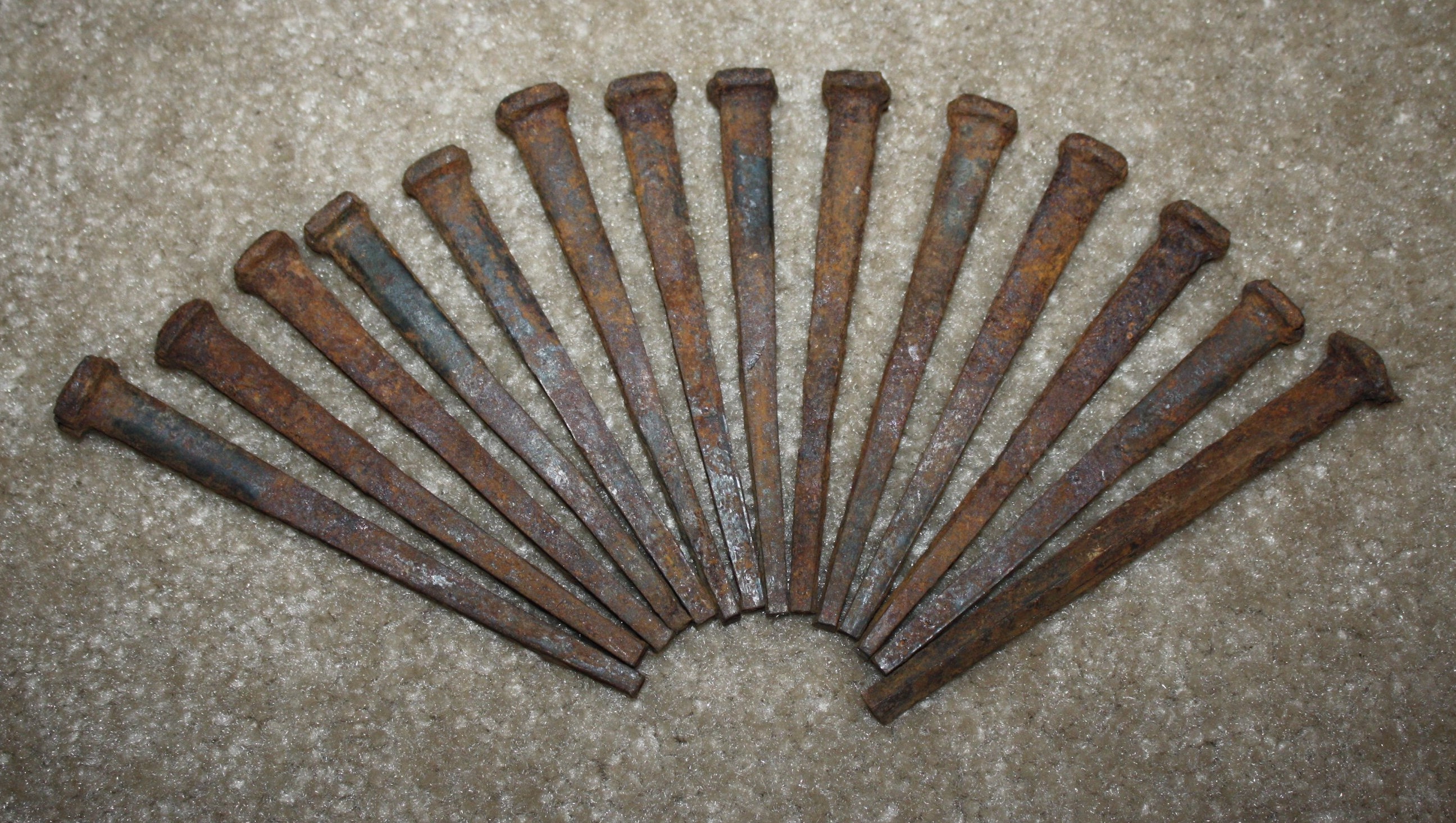 Lot of 14 Blacksmith Iron Square Nails, Large 4 1/2 to 5 Size