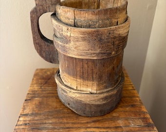 Small Antique Primitive Staved Wooden Tavern Tankard, As Found, Original Untouched Patina
