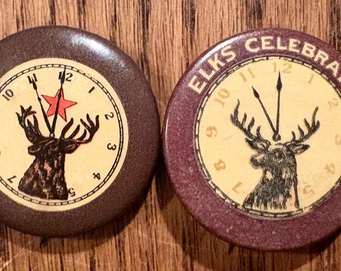 Two vintage ELKS LODGE Celluloid Pinback Buttons, Eleventh Hour, BPOE, 1.25 inches