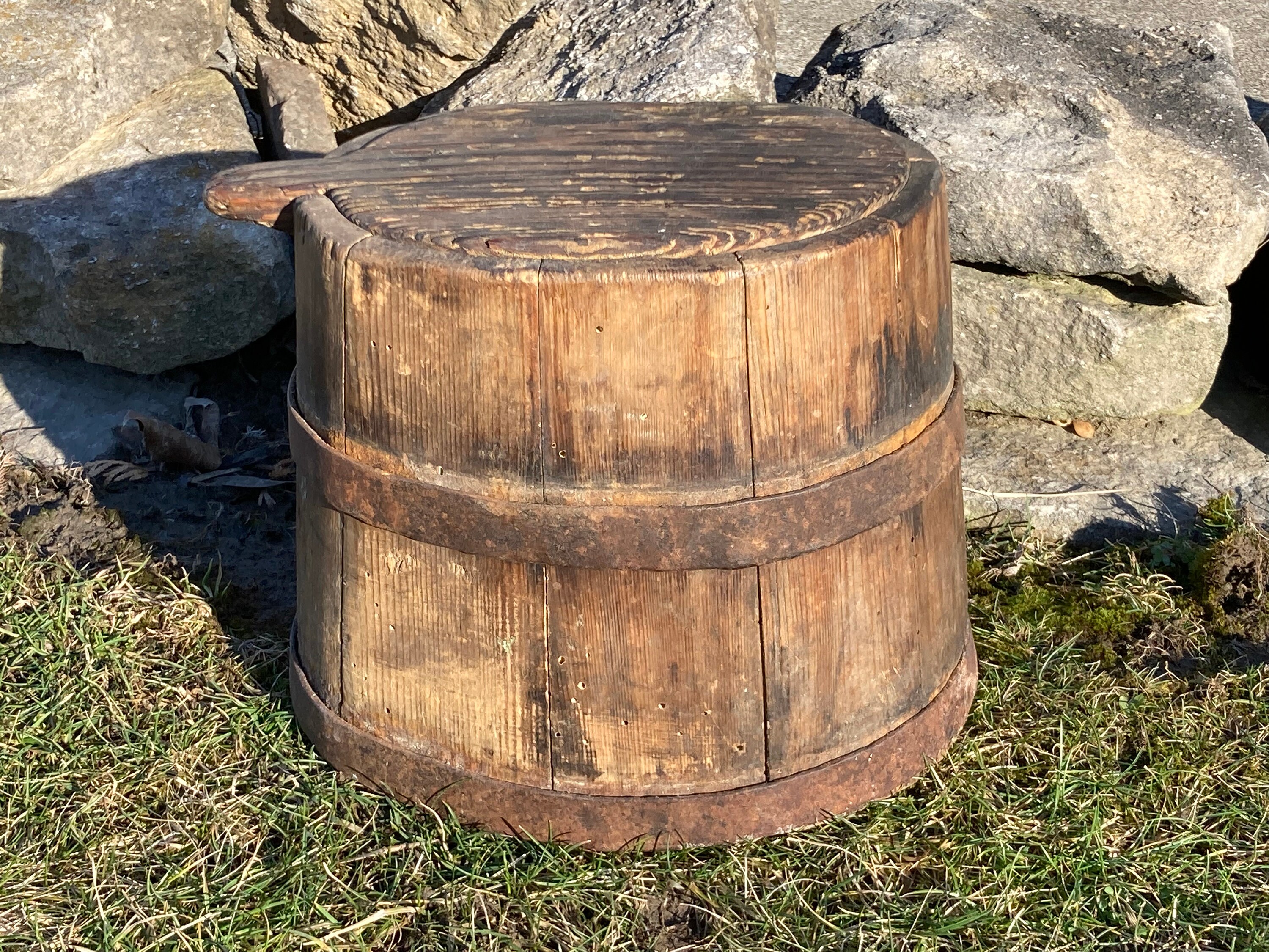 Petite Antique Staved Wooden Barrel, Storage Container, Pantry Box with