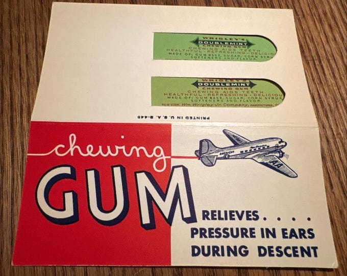 Circa 1946 Wrigley’s Doublemint Gum – American Airlines Flight Promo Card w/ Unopened Gum