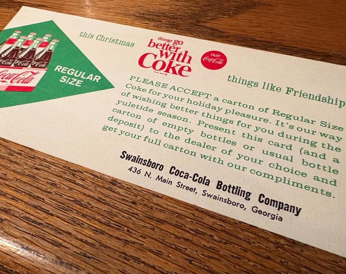 Vintage 1963 Free Coca-Cola Coupon, Swainsboro GA Coke Bottling Company Certificate