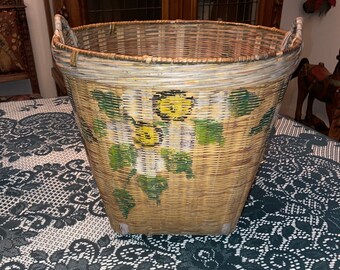 Vintage 1930s Wicker Waste Basket with Folk Art Painting; Antique Rattan Trash Bin