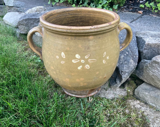 Antique 19th Century Redware Folk Pottery Confit Pot; Lead Glazed, Mottled