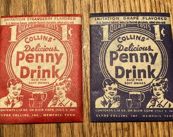 Pair of Vintage 1936 Collins' Delicious Penny Drink Package Grape, Strawberry; Full Unopened NOS Old Stock Drink Mix