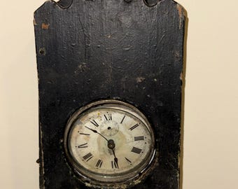 Antique Country Primitive Wooden Clock Box with Old Blue Paint; Hanging Wall Box