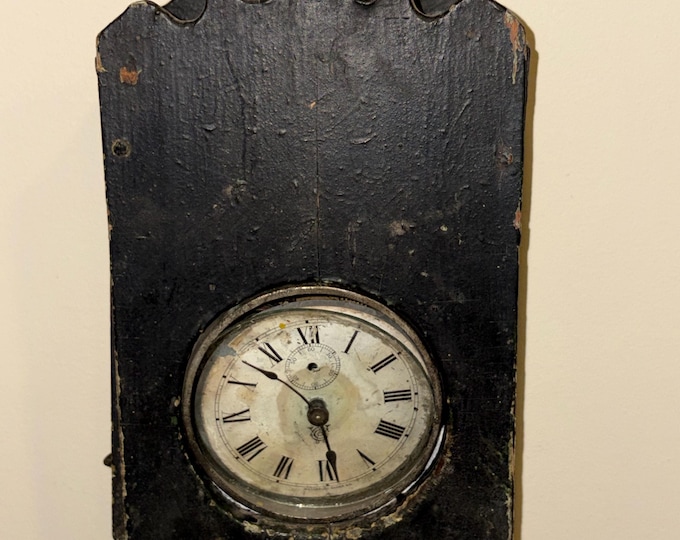 Antique Country Primitive Wooden Clock Box with Old Green Paint; Hanging Wall Box