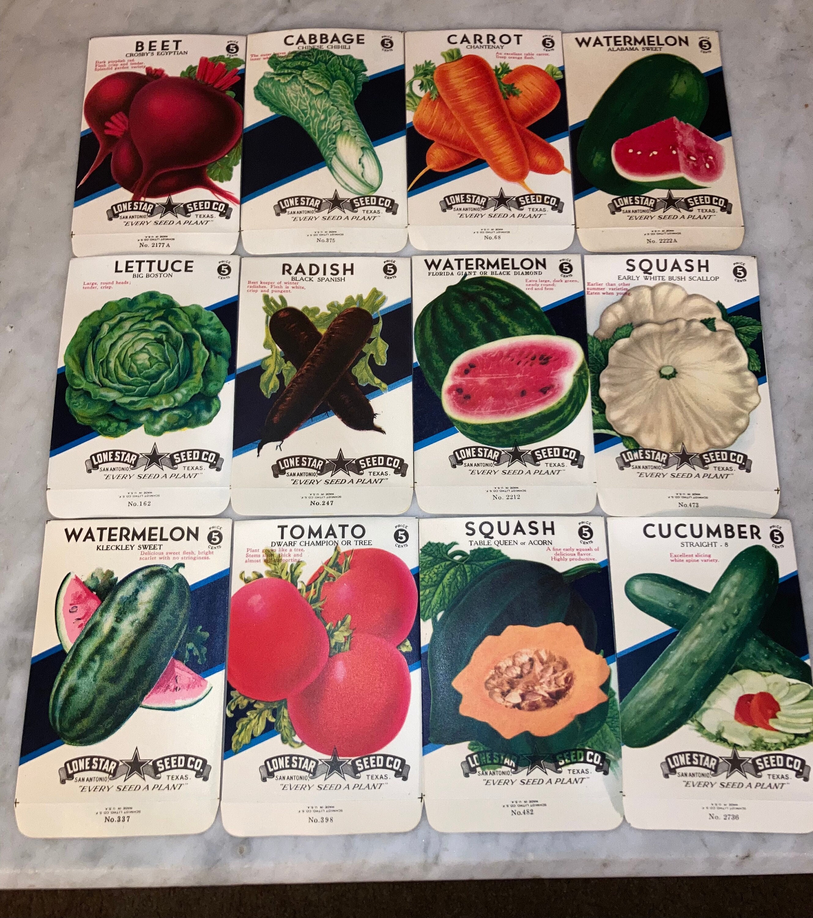 Set of 5 Diff. Vintage Vegetable Seed Packets, San Antonio, Lone Star Texas  L05