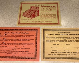 Vintage Fan Tan Gum Co. Retailer Coupons, Vintage advertising, Bee Bee Confection Co.