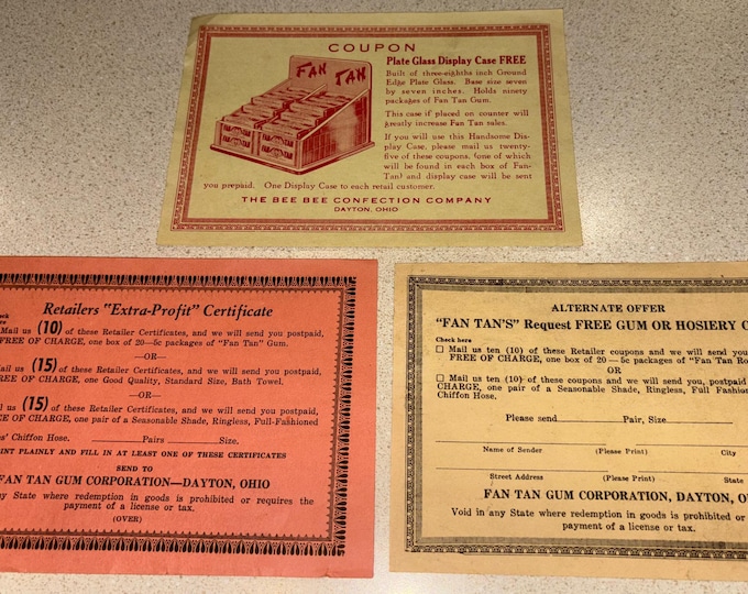 Vintage Fan Tan Gum Co. Retailer Coupons, Vintage advertising, Bee Bee Confection Co.
