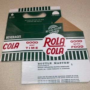 Vintage 1950'S ROLA COLA Soda Pop Cardboard 6 Pack Carton, Bottle Carrier, NOS, Never-Used!