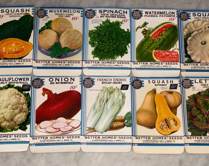 New Find! Lot of 10 Vintage 1934 "Better Homes" Fruit & Vegetable Seed Packets from Crosman Seed Co., East Rochester, NY! Old Stock, NOS