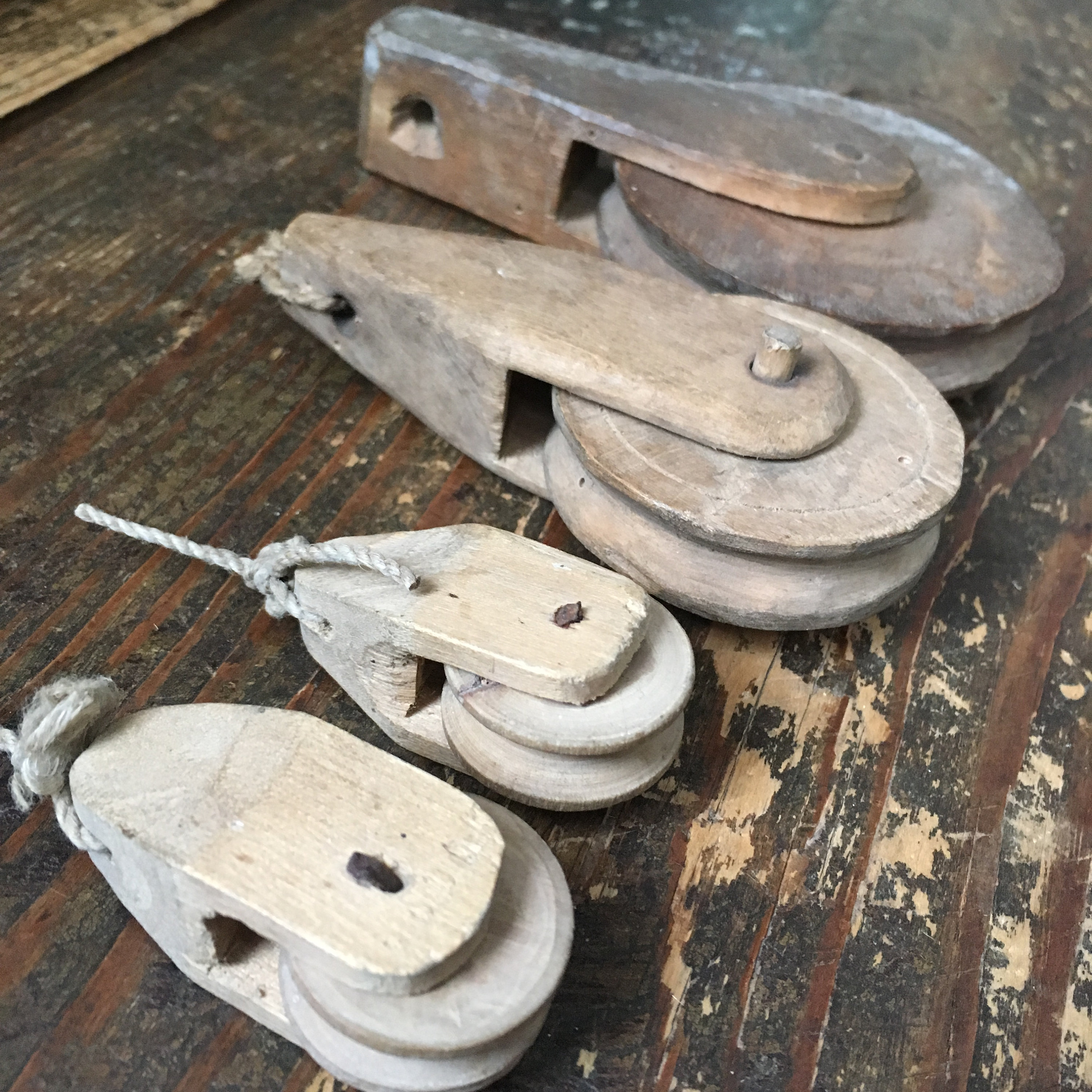 9 Primitive Antique Carved Wooden Pulleys; 19th Century Handmade Loom